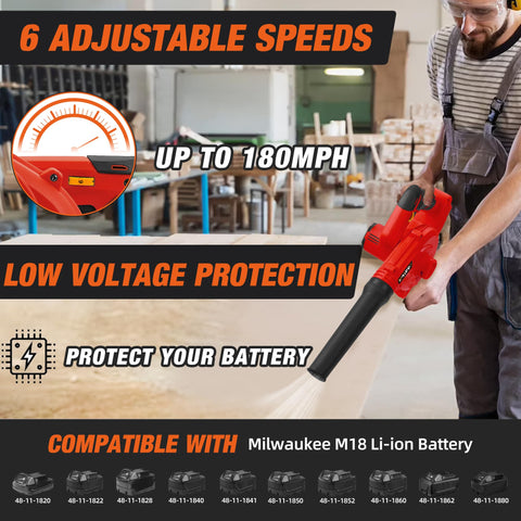 M18 Battery Compatible Cordless Leaf Blower With Brushless Motor, showing 6 variable speeds and low voltage protection features