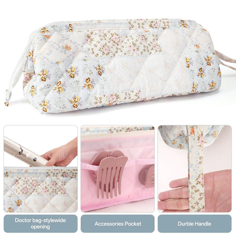 Go To Travel Case For Dyson Airwrap And Hair Dryer Tools Quilted Organizer Bag showing exterior, interior pockets, and handle.