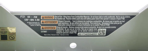 Warning label on One Plus 1800 Lumen 18V Hybrid LED Work Light With Flat Standing Base Onboard Mounting Options Corded Or Cordless Use Light Only Battery And Extension Cord Not Included