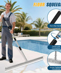 Man using Industrial Floor Squeegee With 33.4 Inch Extra Large Blade And 63 Inch Stainless Handle For Concrete And Tough Cleaning Jobs Anti Splash Curved Baffle For Garage And Factory by poolside
