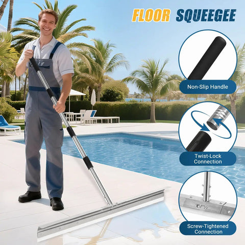 Man using Industrial Floor Squeegee With 33.4 Inch Extra Large Blade And 63 Inch Stainless Handle For Concrete And Tough Cleaning Jobs Anti Splash Curved Baffle For Garage And Factory by poolside