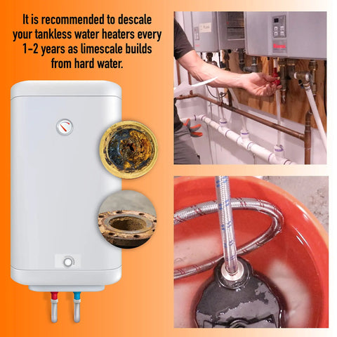 Tankless Water Heater Descaling Flush Kit With Heavy Duty One Sixth Horsepower Pump And Steel Hoses In A Three And A Half Gallon Bucket