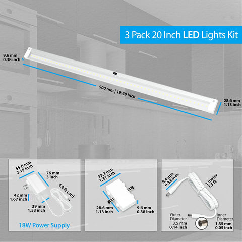 Wave Activated Under Cabinet LED Lighting Kit 3 Pack 20 Inch Dimmable Touchless Dimming Cool White 6000K For Kitchen Garage Office Desk Easy Install Plug In