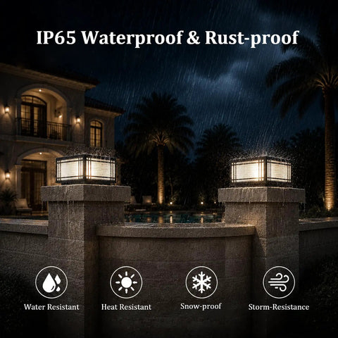Top Notch Hardwired Outdoor Post Lights Big 15.75 Inch Column Fixture With Cozy 3000K Bulbs, IP65 waterproof post light in rain.
