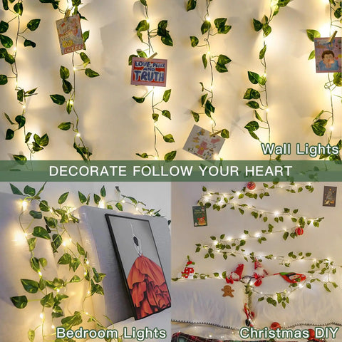 Vine With Fairy Lights Battery Operated 33Ft 100 LED Pothos String Lights With Remote warm white leaves on wall decor