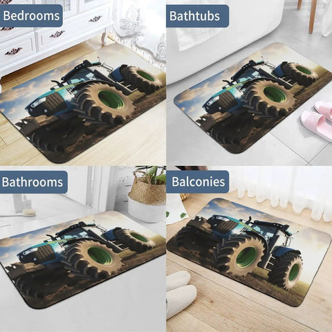 Farm Tractor Diatom Mud Bath Mat Quick Dry Non Slip Rug in various settings, size 23.6x15.7 inches, ideal for bathrooms and kitchens.