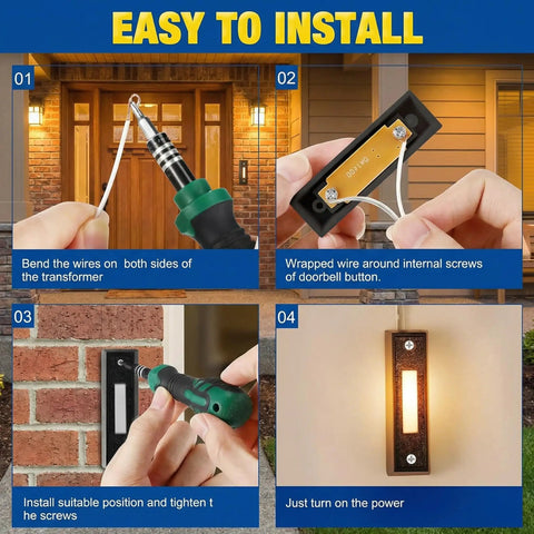 Installation guide for lighted wired doorbell button with LED glow for garage and home entry, step-by-step instructions.