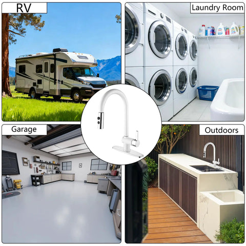 LIWEIKE Utility Sink Faucet White Laundry Sink Faucet with Pull Down Sprayer for 1 or 3 Holes Suits for various spaces like Garage and RV.