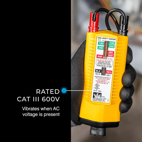 Vol-Con Solenoid Voltage Tester For Electricians, CAT III 600V Safety Rated, shown in hand for AC DC Voltage Detection