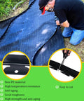 Man installing 2.5 Inch Tall Black Landscape Edging Kit With 100 Ft Roll For Lawn And Garden Borders with cutting and material details