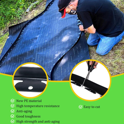 Man installing 2.5 Inch Tall Black Landscape Edging Kit With 100 Ft Roll For Lawn And Garden Borders with cutting and material details