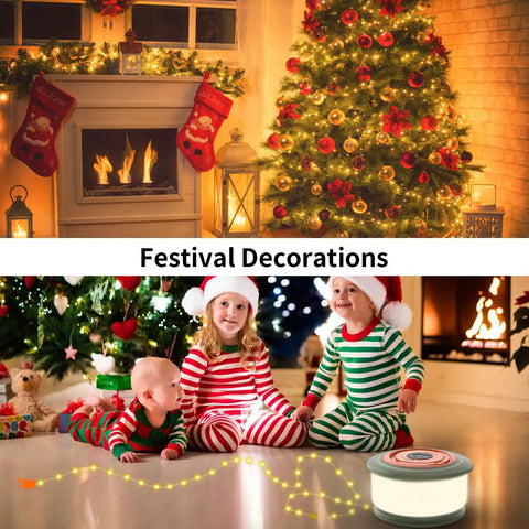 Children in striped pajamas sitting near a decorated Christmas tree by a fireplace with stockings, a string light in front.