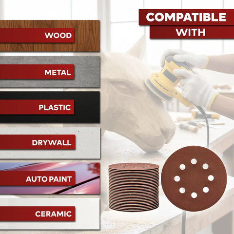 5 Inch Sanding Discs Hook And Loop 150 Piece Assorted Grit Pack for Orbital Sander displayed with compatible materials.
