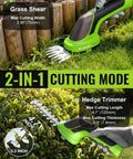 2-In-1 Cordless Hedge Trimmer And Grass Cutter, 3.6V Electric Trimmer showing cutting modes with grass shear and hedge trimmer.