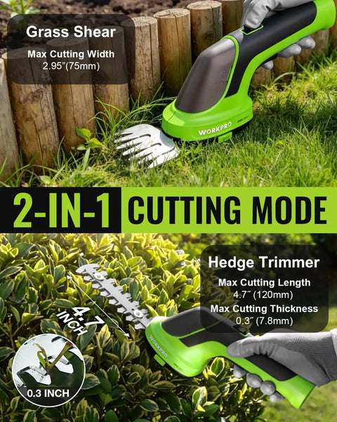 2-In-1 Cordless Hedge Trimmer And Grass Cutter, 3.6V Electric Trimmer showing cutting modes with grass shear and hedge trimmer.
