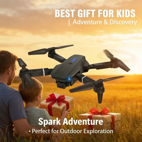 Child and adult with 1080P HD FPV Mini Drone With Camera Foldable For Adults Easy To Fly With One Key Takeoff And Landing in a field