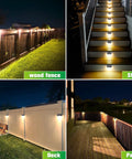 Four images showing 8 Pack Solar Fence Lights Outdoor For Fence And Patio RGB Color Changing LED Lights with warm white on fences and pathways.