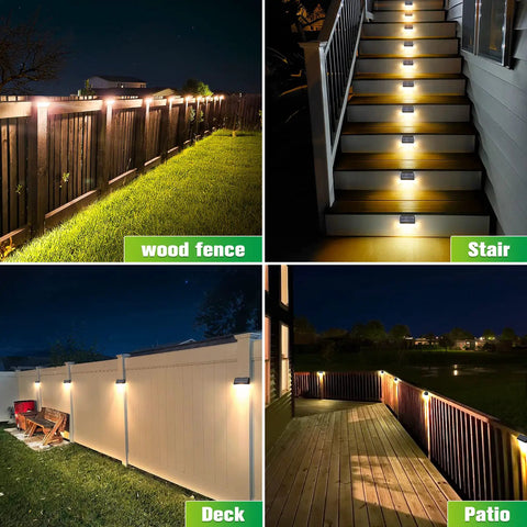 Four images showing 8 Pack Solar Fence Lights Outdoor For Fence And Patio RGB Color Changing LED Lights with warm white on fences and pathways.