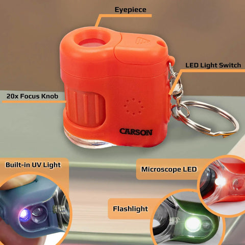 Compact Pocket Microscope Keychain with 20x Magnification and UV Light for Everyday Science On The Go Perfect for Students and Curious Kids A Handy Field Microscope for Insects Seeds Rocks and More, orange plastic