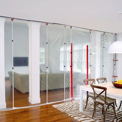 Heavy Duty Dust Barrier Zipper 2 Pack Self Adhesive Entry Door For Remodeling Jobs Red HDAZ2 in a living room setup.