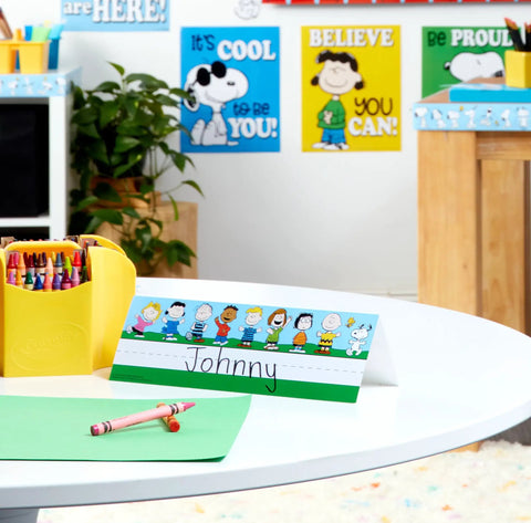 Peanuts Themed Tented Nameplates For Student Desks, 9.5 By 6.5 Inches, 36 Pack, Dual Sided Visibility For First And Last Names in classroom.