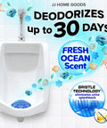 Image of urinal with JJ Home Goods urinal mat featuring bristle technology and fresh ocean scent, 10 Pack Urinal Mats With Urinal Screen Deodorizer For Men Non Slip Absorbent Floor Pads For Commercial Restrooms Scented And Disposable Keep Toilet Areas Clean And Odor Free All Day Pro Grade visible on screen.