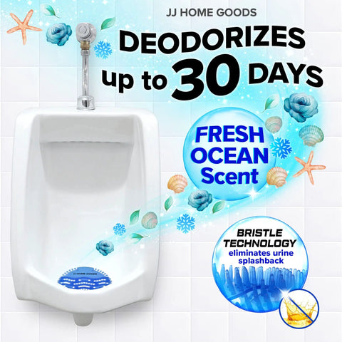 Image of urinal with JJ Home Goods urinal mat featuring bristle technology and fresh ocean scent, 10 Pack Urinal Mats With Urinal Screen Deodorizer For Men Non Slip Absorbent Floor Pads For Commercial Restrooms Scented And Disposable Keep Toilet Areas Clean And Odor Free All Day Pro Grade visible on screen.