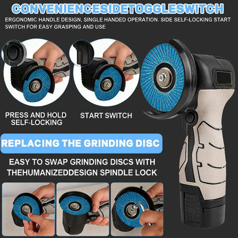 Cordless Brushless Angle Grinder Kit With Dual 16.8V 2000mAh Batteries Includes 20 Cutting Discs front view showing toggle switch