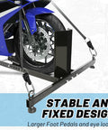 Beefy 1800 Lbs Heavy Duty Motorcycle Wheel Chock Stand Upright Fits 15 To 22 Inch Wheels, shown securing a motorcycle.
