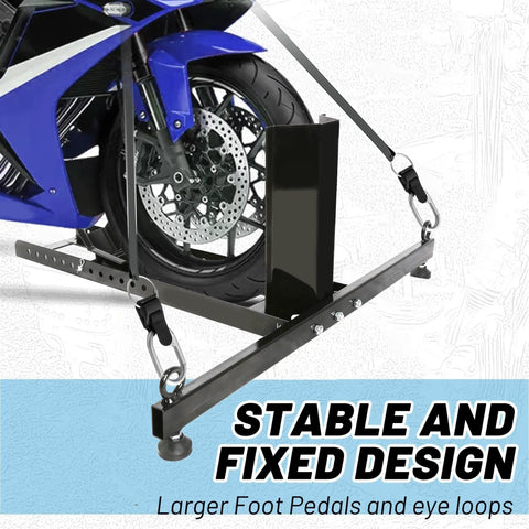Beefy 1800 Lbs Heavy Duty Motorcycle Wheel Chock Stand Upright Fits 15 To 22 Inch Wheels, shown securing a motorcycle.