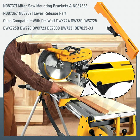Heavy Duty Miter Saw Mounting Brackets With Lever Release Clips For DW723, DWX723, DWX724, DWX725 And N087371 Stands visible in use
