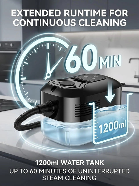 Heavy Duty 2500W Handheld Steam Cleaner With 4.5 Bar Pressure And 1200Ml Tank showing 1200ml tank capacity and 60 minutes of steam cleaning.