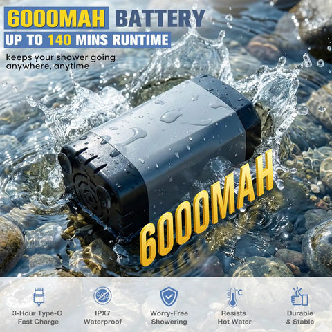 6000mAh battery for Portable Camping Shower With Heater 2000W, 3 Spray Modes, 6000mAh Rechargeable Pump With LED Display.