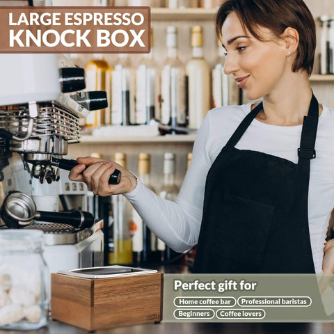 Barista using espresso machine with Pro Grade Espresso Knock Box With Large Capacity Non Slip Base Tamp Station visible