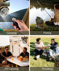 Collage of 30000mAh Camping Fan With LED Lantern, Rechargeable Oscillating Tent Fan With Remote used in camping, fishing, RV, picnicking