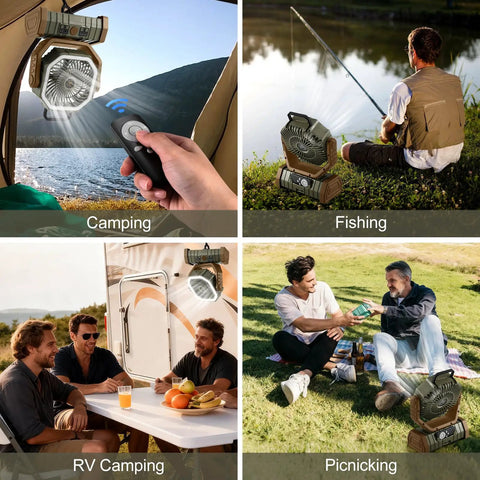 Collage of 30000mAh Camping Fan With LED Lantern, Rechargeable Oscillating Tent Fan With Remote used in camping, fishing, RV, picnicking
