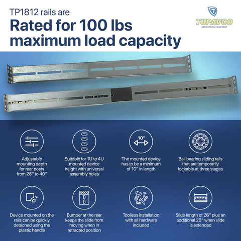 Heavy Duty Rackmount Sliding Rails Kit For 1U To 4U Servers, adjustable depth 26 to 40 inch, silver rails, rated 100 lbs