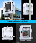 Heavy Duty Outdoor Electrical Box With Clear Window Thermostat And Fan For Precise 0.1F Temperature Control Weatherproof IP65 Galvanized Steel Housing And Aluminum Rear Beam Built To Stand Up In Harsh Environments 17.7 X 13.8 X 7.9 Inches showing pole and wall mounting methods