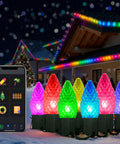 Outdoor C9 Christmas Lights 134 Feet 150 LED, App Controlled, on house roofline with phone app interface, colorful glow