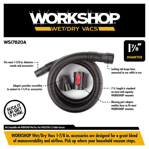Locking One Seven Eighths Inch Vacuum Hose Seven Feet Long For Wet Dry Shop Vacuums Replacement Attachment With Quick Release Tab