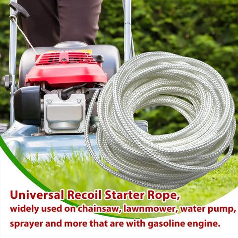 Replacement 3mm White Recoil Starter Rope Pull Cord 10m No Handle for Lawn Mower and Small Engine Recoil Starters, Fits Chainsaws, Trimmers, Generators, Edgers and Blowers coiled on mower