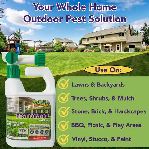 Natural Outdoor Pest Control Yard Spray With Essential Oils Kills On Contact Mosquitoes Ants Fleas Ticks Gnats And More Provides Killer Repellent Power For A Safer Backyard Safe Around Kids And Pets 32 Oz bottle on lawn background.