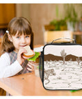 Girl with sandwich beside Insulated Kids Lunch Bag for Outdoor Camping, large capacity, 10.5x9.5x3.5 in, 300D Oxford cloth, table setting