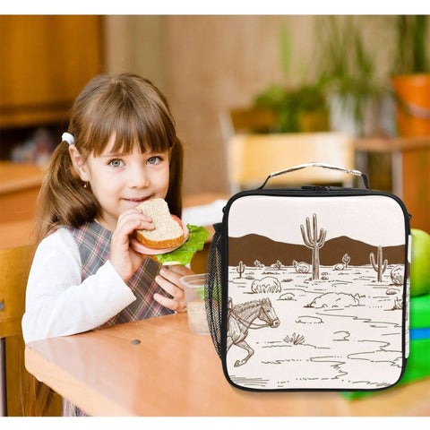 Girl with sandwich beside Insulated Kids Lunch Bag for Outdoor Camping, large capacity, 10.5x9.5x3.5 in, 300D Oxford cloth, table setting