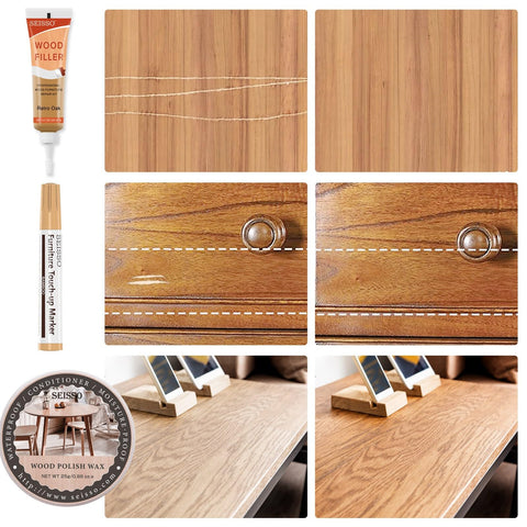 All In One Wood Repair Kit With 6 Oak Color Fillers, 6 Touch Up Markers shown fixing scratches and stains on wood surfaces.