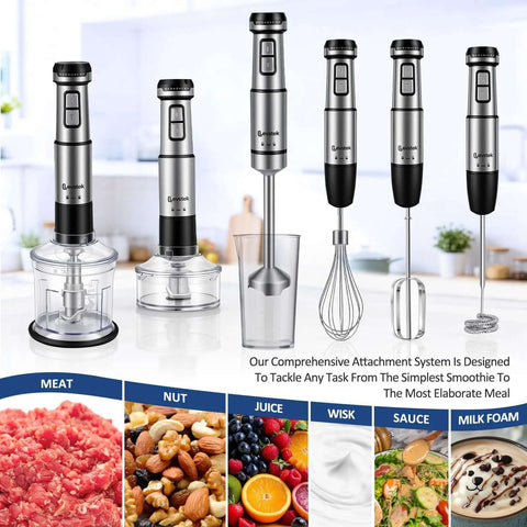 Heavy Duty 1200W Immersion Hand Blender Set With Twenty Adjustable Speeds Plus Rust Proof Stainless Steel Blades with attachments and ingredients.