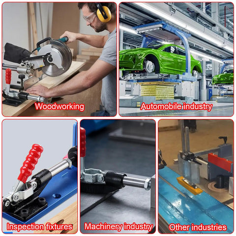 4 Pack Push Pull Toggle Clamps Delivering Badass 500 Lb Holding Power With Quick Release Stroke Action Heavy Duty Professional Grade For Woodworking And Welding Projects - Image showing usage in woodworking and automobile assembly.