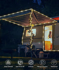 66 Feet Of 200 LED Solar Rope Lights With 8 Modes No Fuss Waterproof Outdoor String Lights In Clear Tube For Garden Patio Deck Backyard Porch Pool Tree Decor Warm White Auto On Off used to illuminate a camper awning at night.