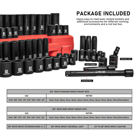 Impact Socket Set For Three Eighths Drive With SAE And Metric Sizes From Eight To Twenty Two Millimeters 48 Piece CRV Steel