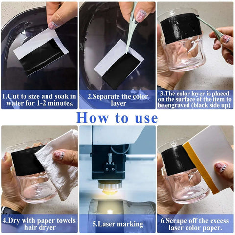 Set of four black laser engraving marking paper sheets, 39x27 cm, for ceramics, glass, and metal.
